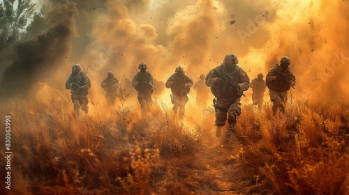 Intense image of armed soldiers sprinting away from a massive explosion amidst a fiery battlefield © familymedia