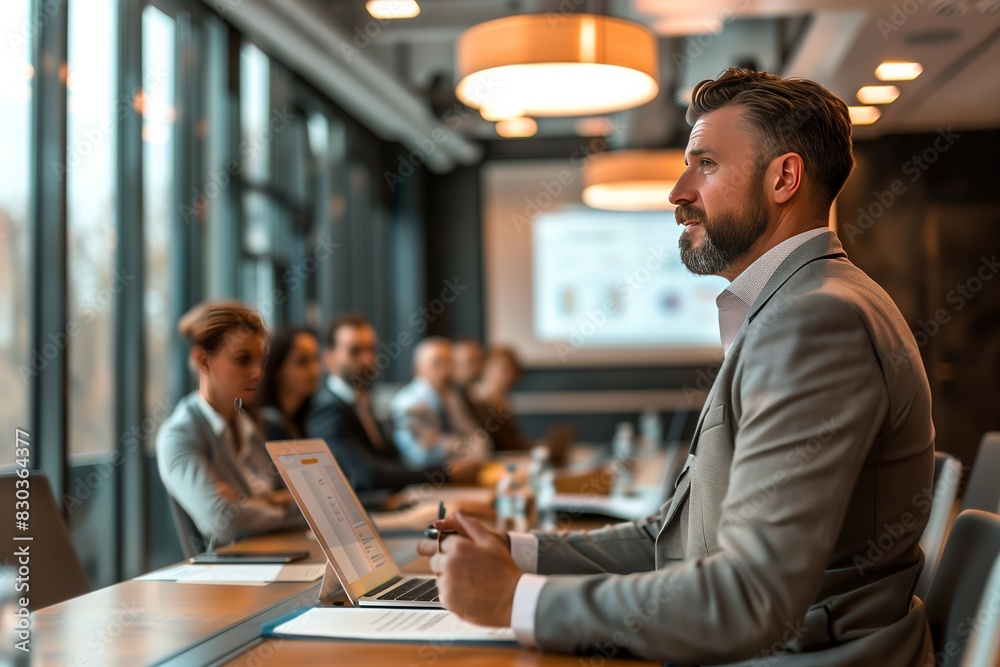 Fototapeta premium Focused Employee Presentation in Well-Lit Boardroom