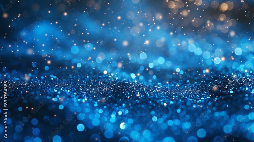 Blue bokeh background with glittering dust particles, represents tranquility and fantasy