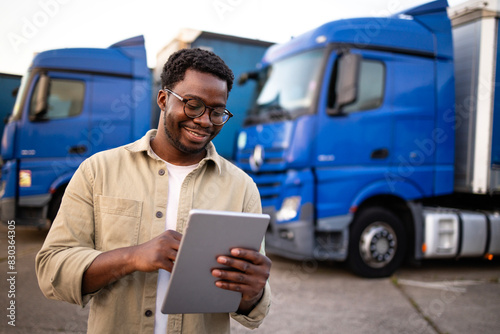 Professional driver at truck stop checking details about the route. photo