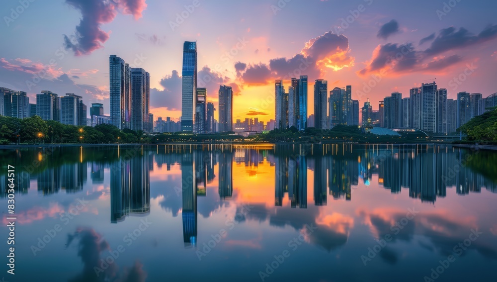Fototapeta premium City Skyline with Modern Buildings at Sunset, Reflection on Water, Urban Landscape and Colorful Sky