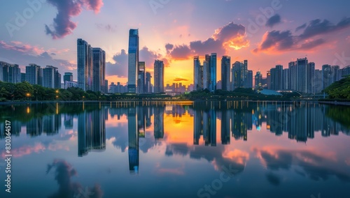 City Skyline with Modern Buildings at Sunset, Reflection on Water, Urban Landscape and Colorful Sky