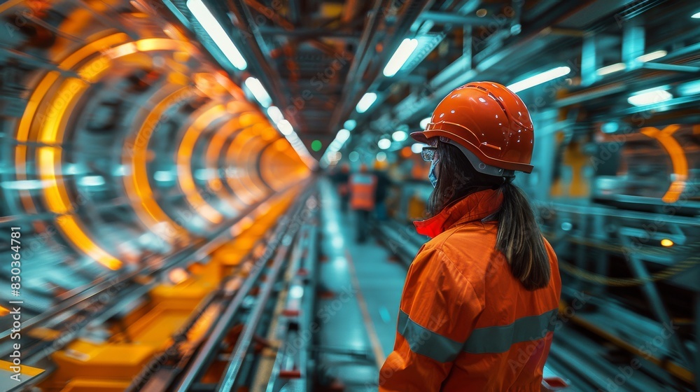 Female engineer stands in a high-tech tunnel, emanating confidence and industry professionalism