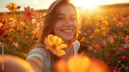 Smiling Woman Taking Selfie in Field of Flowers at Sunset, Vibrant and Cheerful Summer Scene