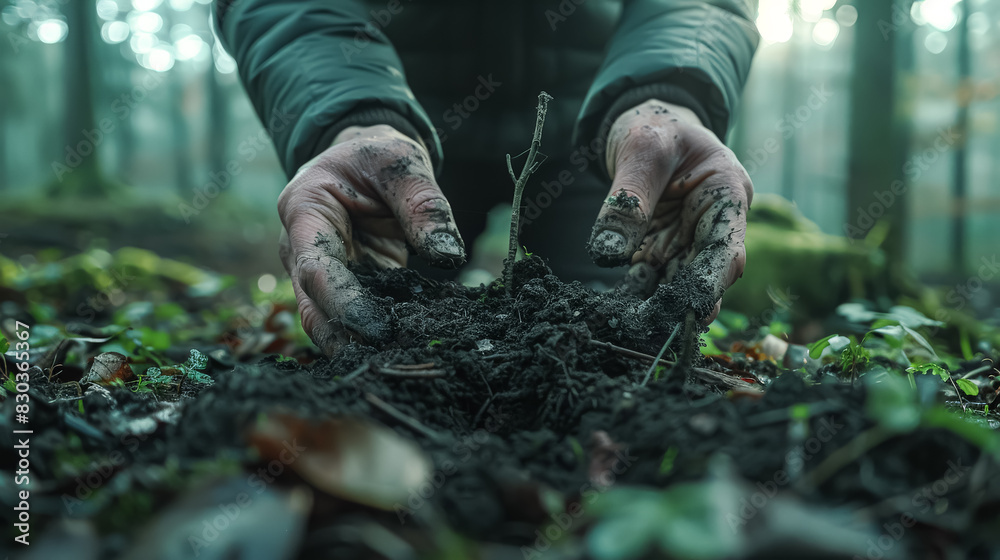 Obraz premium A person is holding a small plant in their hands. The plant is surrounded by dirt and leaves. Concept of nurturing and growth, as the person is taking care of the plant and helping it to grow