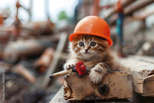 Kitten wearing safety helmet holding toy hammer on construction site adorable cat worker, copy space