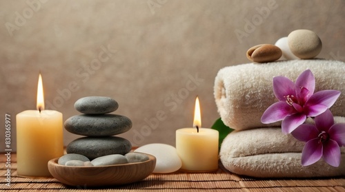beauty treatment items for spa procedures on wooden table. massage stones, essential oils and sea salt. copy space salon