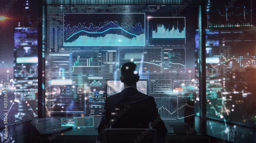 People businessman in office with monitor screen presentation of diagrams and trade statistics. People businessman in office with monitor screen presentation of diagrams and trade statistics.