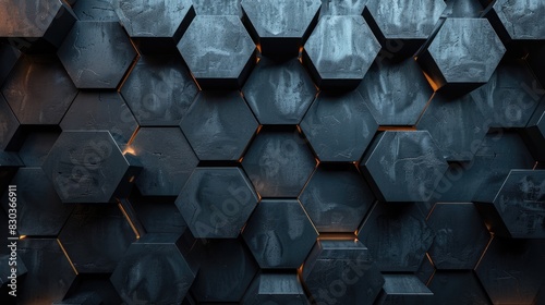 A black and white image of hexagonal shapes with a yellow glow. The image has a futuristic and industrial feel to it photo
