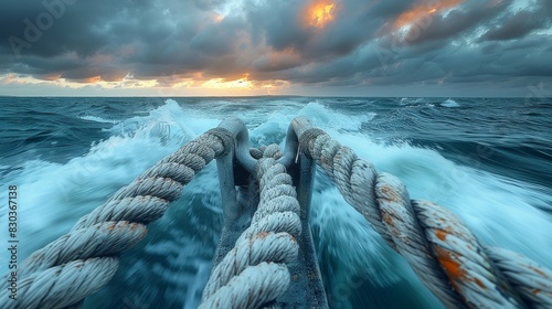 Stunning perspective of ship ropes splitting the ocean waves during sunset