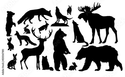 Set of silhouettes of forest animals. hand drawing. Not AI, Vector illustration