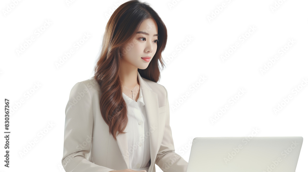 Asian businesswoman engrossed in her work on a laptop. Perfect for business and technology-related designs. Isolated on transparent background. Asian businesswoman engrossed in her work on a laptop. Perfect for business and technology-related designs. Isolated on transparent background.
