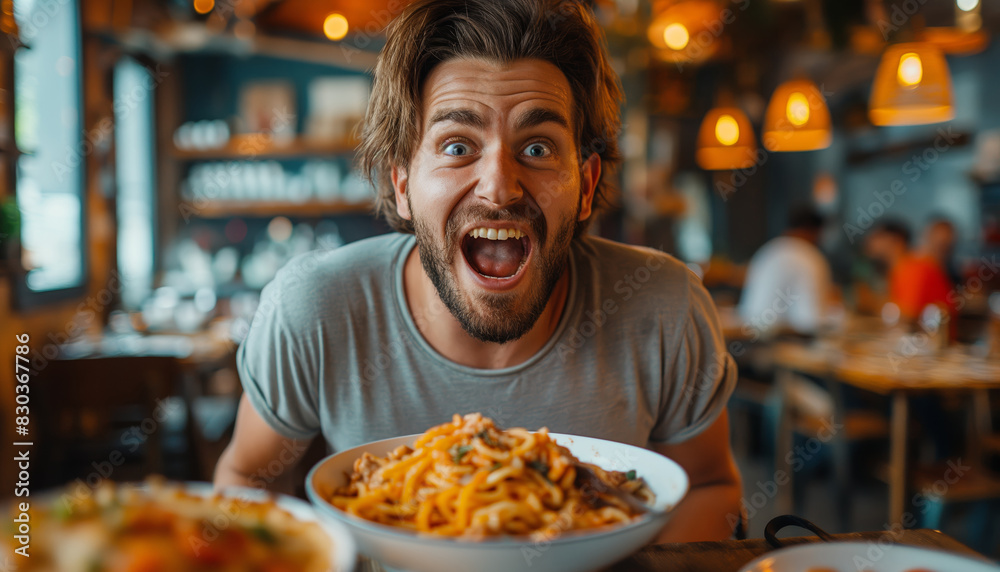 Happy man excited by plate of pasta