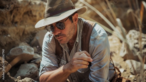 A portrait of an archaeologist at a dig site, examining ancient artifacts  photo