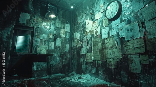 A grim, atmospheric room filled with scattered papers and a prominent, old-fashioned clock on the wall © familymedia