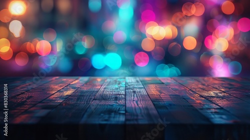 Empty wooden table with neon light bokeh background  night view  blurred bokeh lights background  generative ai