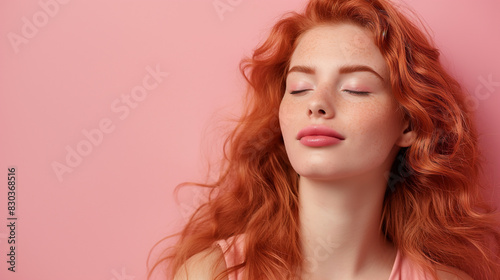 Close up face Image of a pretty young red hairs woman posing isolated over a pink wall background, Relaxing  while closing eyes, Tranquil Beauty © Hassaan