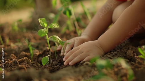 Close-up of children hands planting a tree in the soil  Planting young tree by kid hand on back soil as care and save wold concept  generative ai