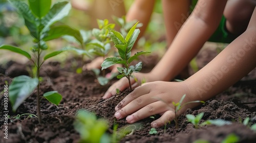 Close-up of children hands planting a tree in the soil, Planting young tree by kid hand on back soil as care and save wold concept, generative ai photo
