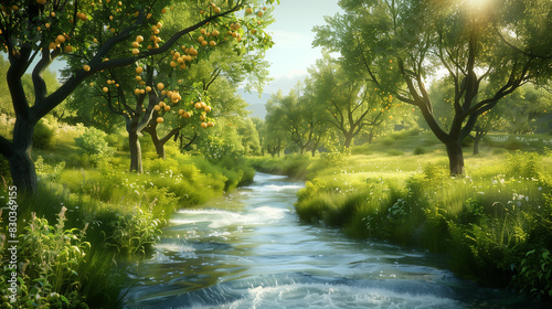 A lush orchard by a gently flowing river, with trees heavy with ripe fruit