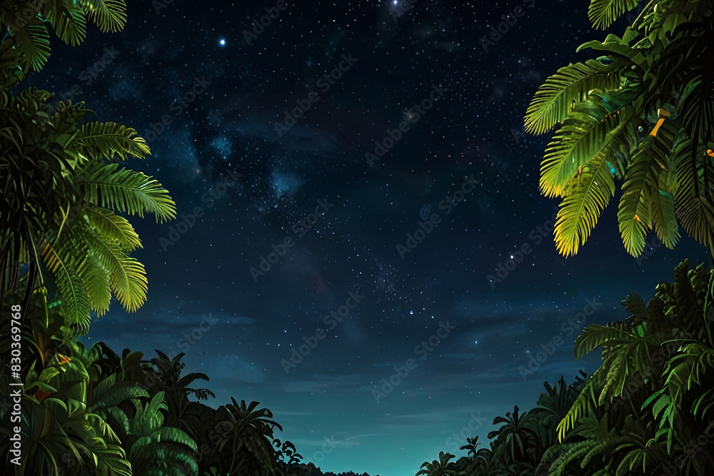 Fototapeta premium Panoramic view of lush rainforest or starry night sky. 