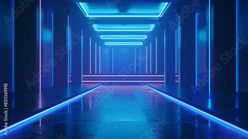 Blue neon abstract background, ultraviolet light, night club empty room interior, tunnel or corridor, glowing panels, fashion podium, generative ai photo