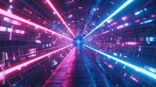 Abstract futuristic technology abstract background with lines for network, big data, data center, server, internet, speed. dark blue and pink neon lights into digital technology tunnel, generative ai