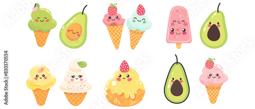 Vector clipart set of cute kawaii pastries, ice cream cones, and avocado slices with happy faces