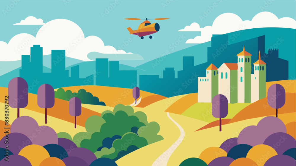 High above the sprawling vineyard groups of eVTOLs maneuver gracefully between tall buildings and towering gvines offering swift ecofriendly trips for visitors.. Vector illustration