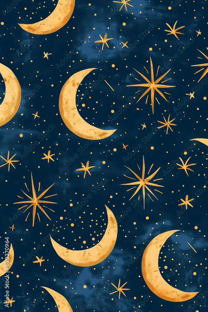 nigth sky pattern with deep blue base moons and stars nigth sky pattern with deep blue base moons and stars