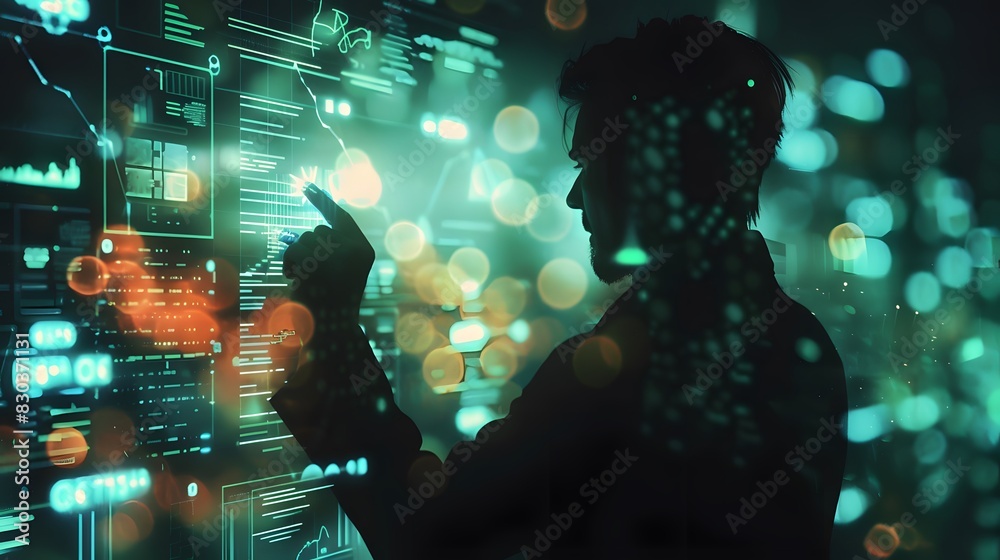 Obraz premium Silhouette of a Man Interacting with a Futuristic Interface