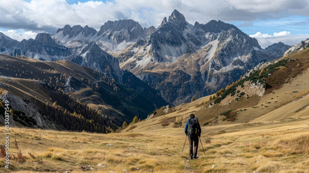 Male hiker hiking with enjoying the French Alps scenic and massif Des Cerces on autumn wilderness in Claree Valley at Hautes Alpes, France 