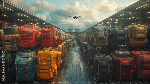 Rows of suitcases lined up under a shelter with an airplane flying in the sky at sunset photo