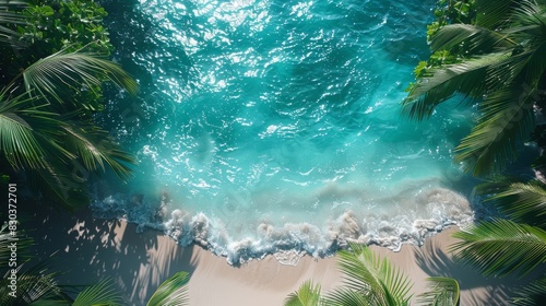 An aerial shot captures the crystal-clear waters breaking onto the sandy beach, surrounded by lush palm trees