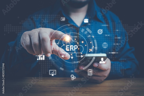 Cloud ERP, ERP, Enterprise Resource Planning concept. Businessman connecting data with cloud computing to access to HR management. Business resources plan to manage company enterprise resource.