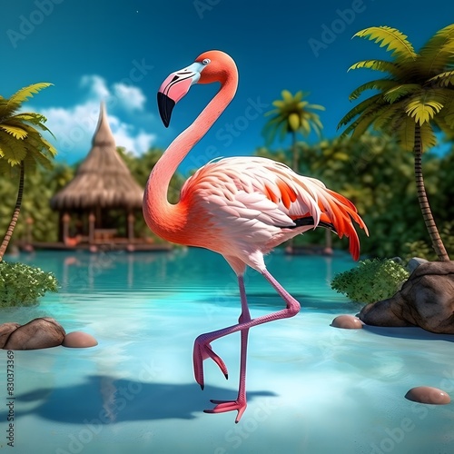 Illustration of a pink flomingo standing on one leg. Tropical concept for cards and banners.