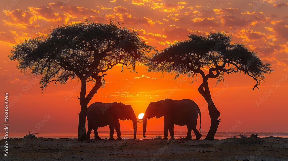 Two Elephants Gaze Under African Sunset, Framed by Majestic Trees