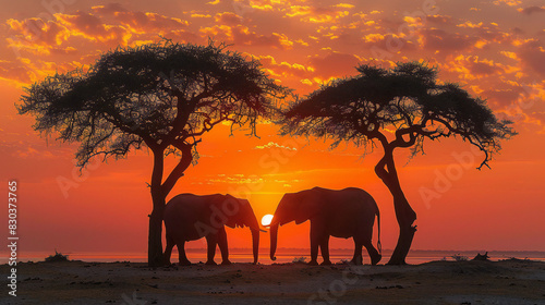 Two Elephants Gaze Under African Sunset, Framed by Majestic Trees © jeff