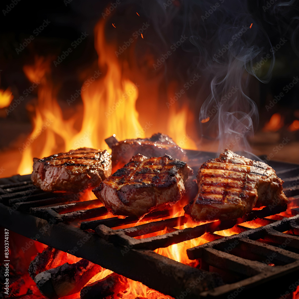 Grilled meat sizzles over glowing embers on a barbecue. Grilled meat sizzles over glowing embers on a barbecue.
