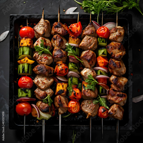 Charcoal-grilled barbecue skewer brimming with juicy meats and a medley of vibrant vegetables.