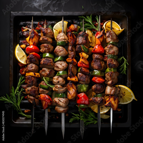 Fotografia Charcoal-grilled barbecue skewer brimming with juicy meats and a medley of vibrant vegetables