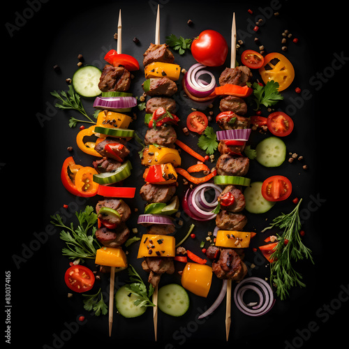 Mouthwatering meat skewer sprinkled with a colorful array of crunchy vegetables..