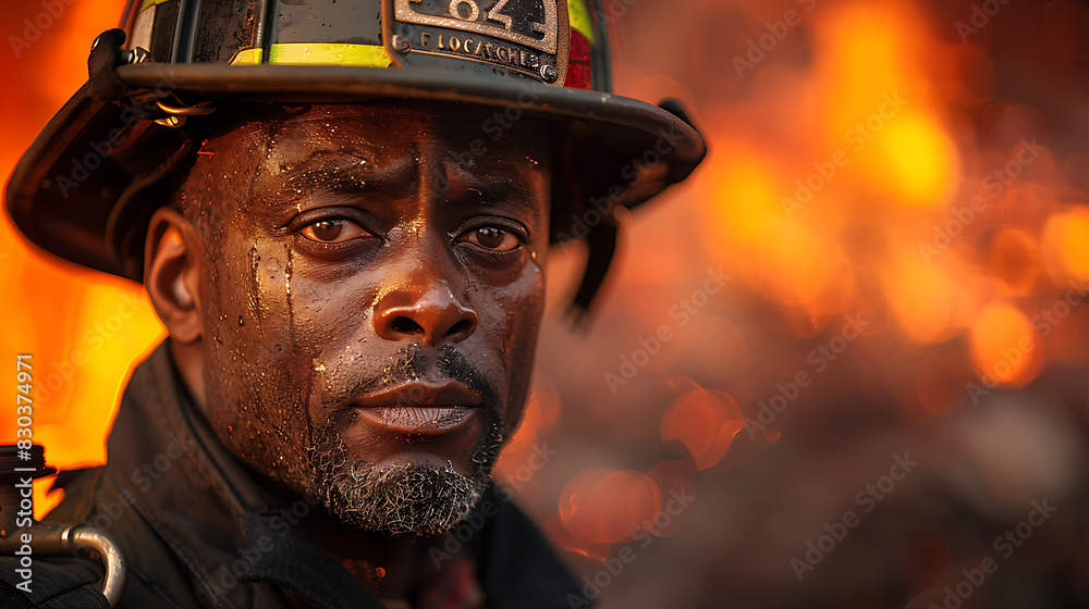 experienced compassionate Male African American firefighter bravely serving his community selflessness valor Amidst flame chaos remains steadfast his commitment saving life protecting property courage experienced compassionate Male African American firefighter bravely serving his community selflessness valor Amidst flame chaos remains steadfast his commitment saving life protecting property courage