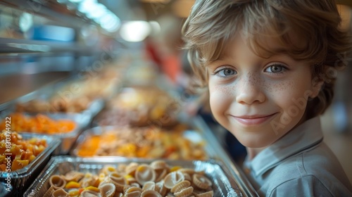 A young boy with curly hair smiling at the camera, with a tray of diced fruits in the background photo