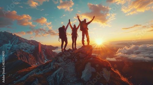 Overcoming Obstacles Together: Trio Celebrates on Mountain Peak photo