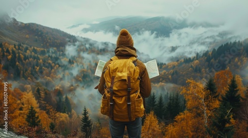 An explorer with a backpack and map faces a beautiful autumn mountain scene © familymedia