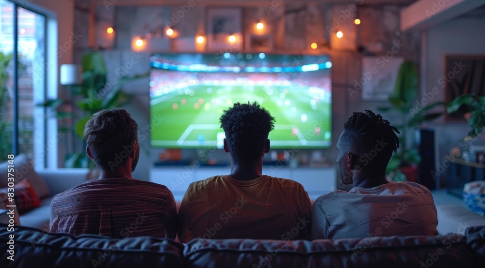 Three people are watching a soccer game on a large television, football on TV