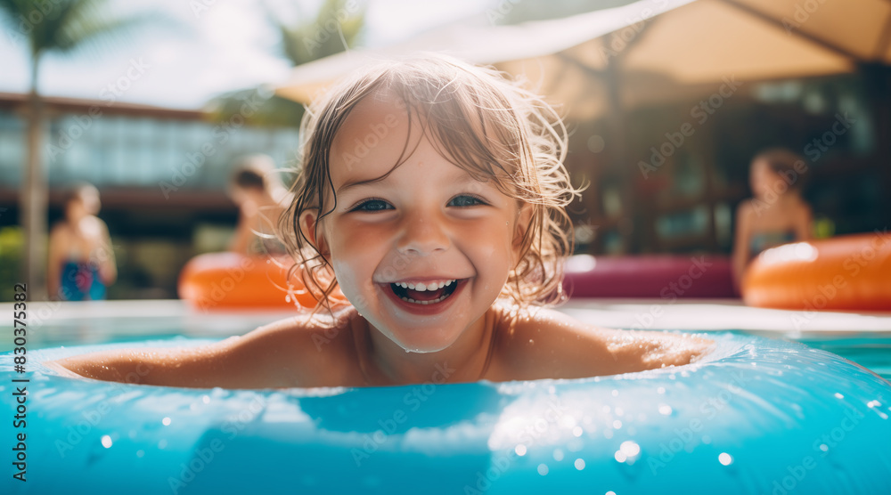 Portrait of happy young caucasian girl kid in a rubber swimming pool ring on at hotel club swimming pool during summer vacation