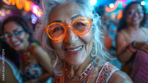Charming elderly woman enjoying a party with stylish heart-shaped glasses and a smile
