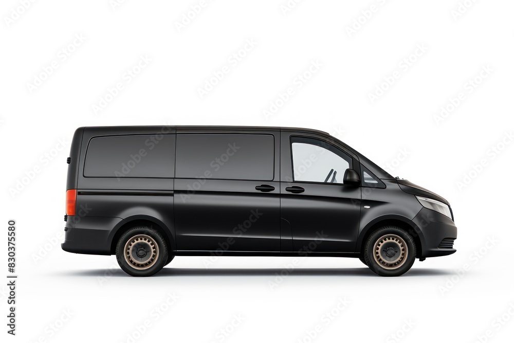 black delivery van side view on isolated empty background for mockup. Delivery van with space for text isolated over on empty background. 